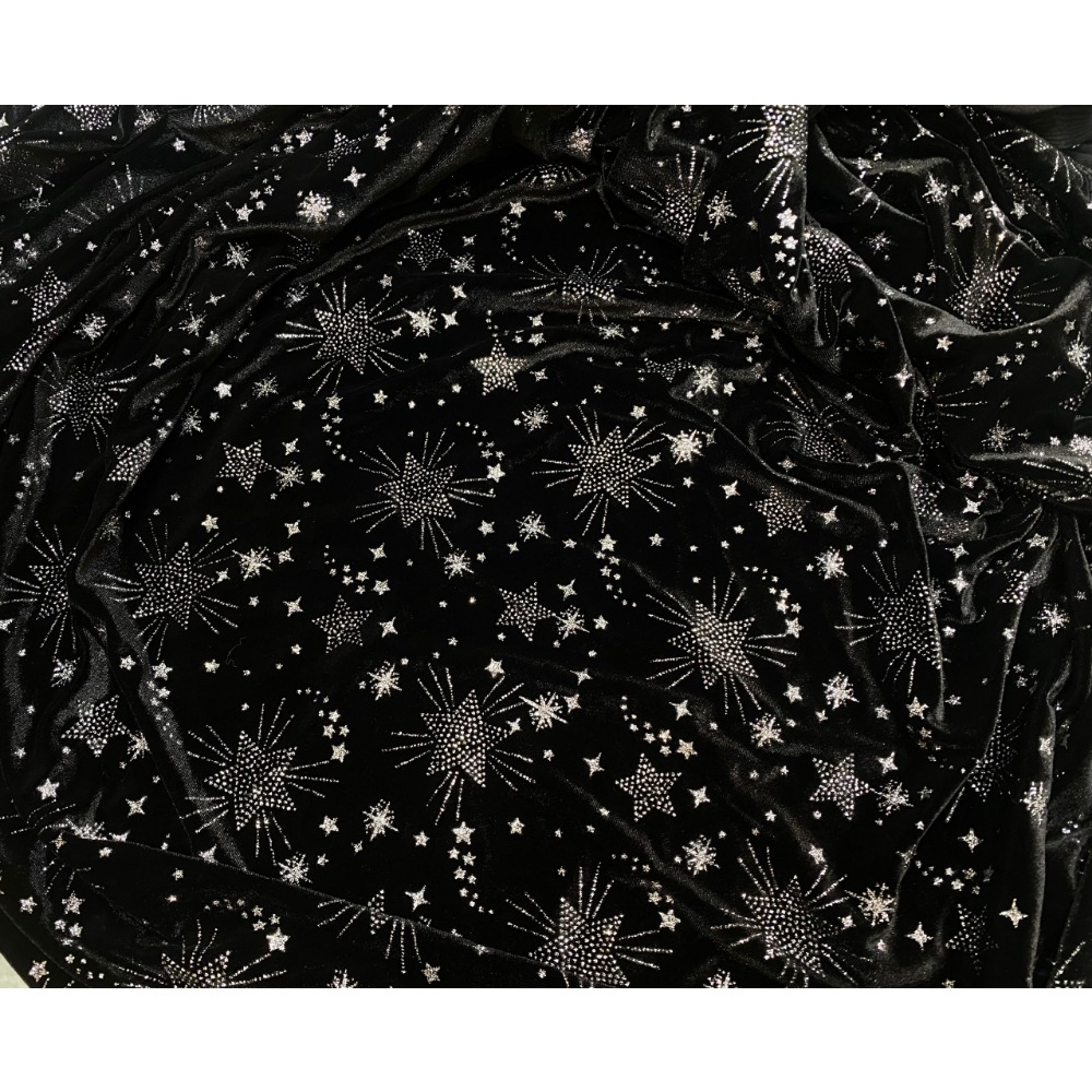Winter Clothing Material - Glitzerndes Sternmuster, schwarzer Stretch-Samtstoff, glitzerndes metallisches